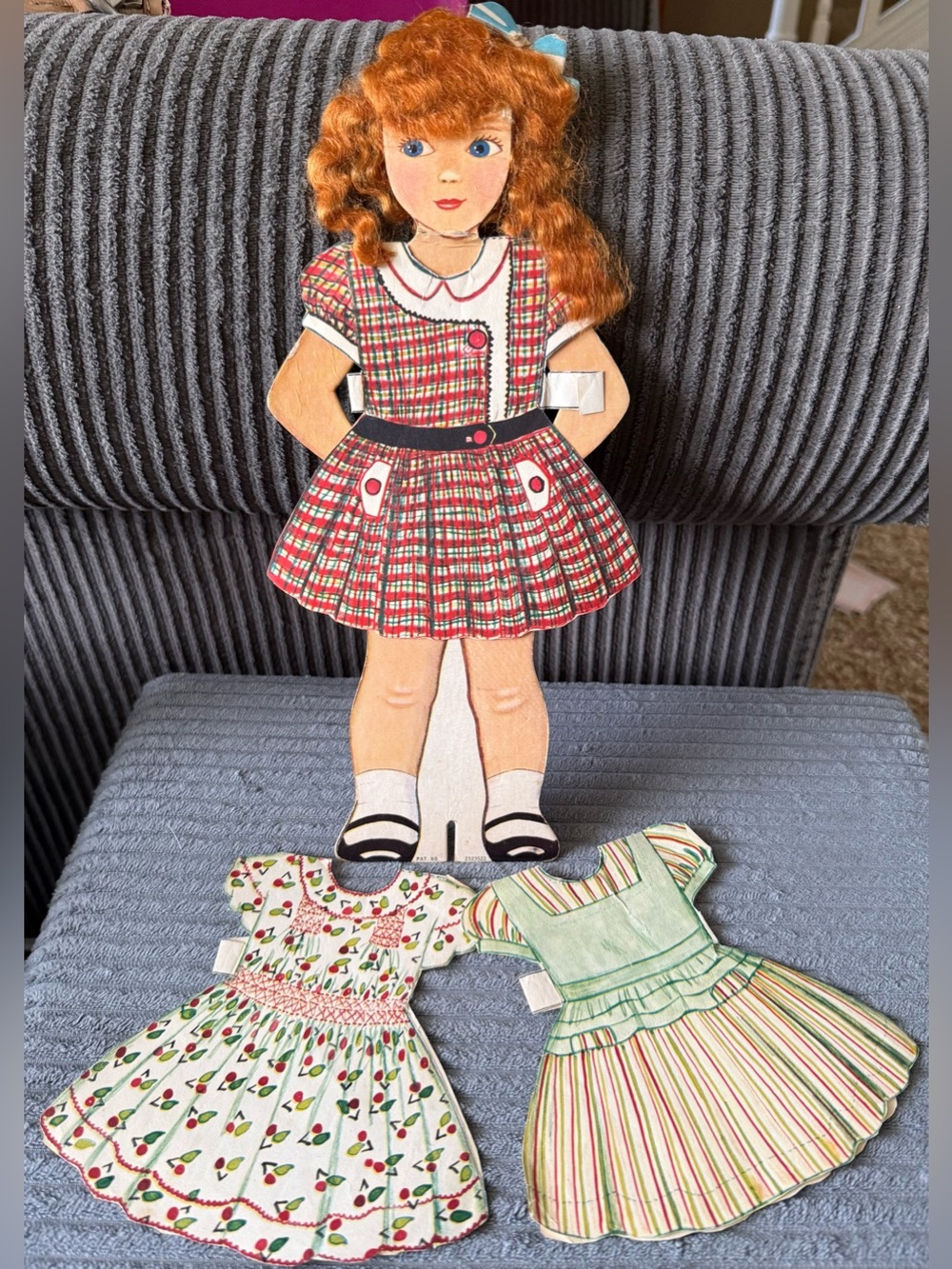 Vintage Paper Doll with Red Plaid Dress and Interchangeable Outfits and Hair